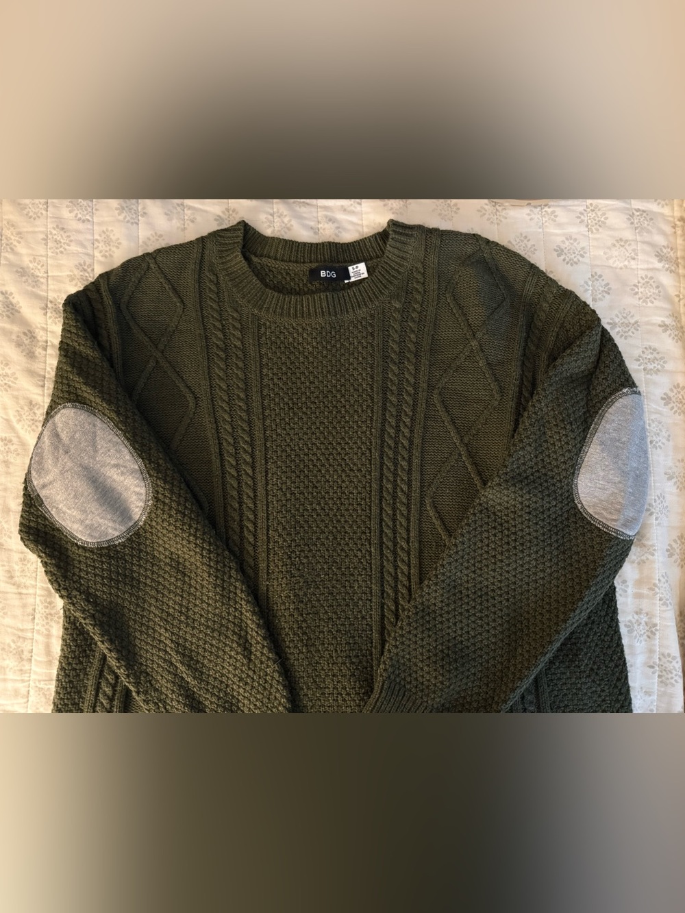 BDG Olive Green Oversized Cable Knit Crewneck Sweater with Elbow Patches